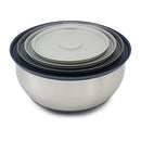 Four-piece Joseph Joseph stainless steel mixing bowl set with snap-on lids, stacked together on a white background.