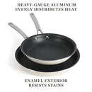 Martha Stewart Lockton set of two aluminum frying pans, one 10-inch with a dark non-stick interior and a stainless steel handle, and one 12-inch with a light-colored cooking surface and a stainless steel handle.