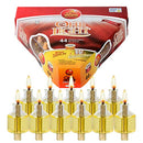 Box of 44 pre-filled Hanukkah olive oil menorah cups with wicks and beeswax shamash candle on a white background.