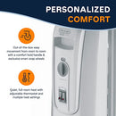 Light gray DeLonghi oil-filled radiator space heater with wheels and integrated handle