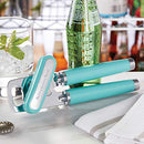Teal handled KitchenAid can opener with a silver cutting mechanism and bottle opener.