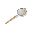 Heavy-duty double mesh strainer, 12-inch diameter, stainless steel with a long wooden handle.