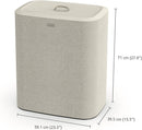 Joseph Joseph ecru 90-liter dual laundry hamper with removable fabric bags and lid, displayed on a white background.