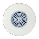 Dinner Plate: Blue stoneware dinner plate with a wide surface and embossed spiral design, displayed on a white background.