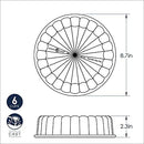 Dimensions for Nordic Ware Charlotte Cake Pan in toffee color with a fluted, ring-shaped design, displayed on a white background.