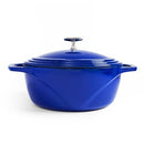 Beautiful blue Dutch oven with excellent heat retention, featuring a secure lid and comfortable handles.