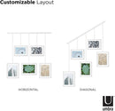 A contemporary white photo display featuring five square frames suspended from a horizontal bar by thin rods.