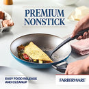 Farberware 15-Piece Aluminum Nonstick Cookware Set in a teal exterior with a light gray nonstick interior. The set includes various pots and pans with glass lids and black handles, along with a baking sheet and a set of black Prestige kitchen tools shown in an inset image.