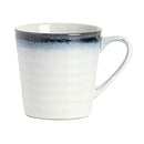 Mug: Blue stoneware mug with a glossy finish and sturdy handle, featuring a spiral texture, shown on a white background.