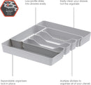 Silver-colored utensil tray for drawers, by Spectrum Diversified, designed to keep silverware and kitchen tools neatly organized.