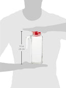 A clear glass pitcher with a vertical ribbed design, featuring a sturdy glass handle and a bright red plastic lid.