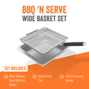 Yukon Glory BBQ 'N Serve Wide Basket Set, featuring a large perforated grill basket with a detachable handle and a solid serving tray.