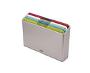 Joseph Joseph 4-piece multicolor cutting board set with slim silver storage case on a white background.

