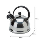 Chrome stainless steel whistling tea kettle with black handle on a white background.