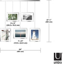 A modern silver photo display featuring five square frames hanging from a horizontal bar by thin rods.
