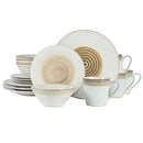 Taupe stoneware dinnerware set with spiral embossed design, featuring plates, bowls, and mugs arranged on a white background.