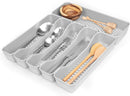 Silver-colored utensil tray for drawers, by Spectrum Diversified, designed to keep silverware and kitchen tools neatly organized.