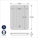 Dimensions for Nordic Ware Prism eighth sheet baking pan with embossed grid pattern and silver aluminum finish on a white background