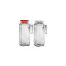 A clear glass pitcher with a vertical ribbed design, featuring a sturdy glass handle and a bright red plastic lid.