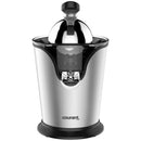 A brushed stainless steel citrus juicer with a black handle.