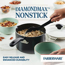 A 3-quart capacity saucepan by Farberware, featuring a nonstick surface, an aluminum body, and a tempered glass lid.