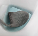 Joseph Joseph grey and white silicone toilet brush with flexible D-shaped head and slimline holder on a white background.
