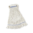 White cotton commercial mop head with looped ends and blue band