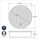 dimensions for Nordic Ware 9-inch round aluminum cake pan with embossed grid texture, displayed on a white background.
