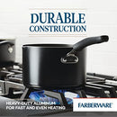 A 3-quart capacity saucepan by Farberware, featuring a nonstick surface, an aluminum body, and a tempered glass lid.