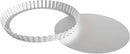 Fat Daddio's 9.5-inch round fluted tart pan made of anodized aluminum, ideal for baking tarts, pies, and quiches, on a white background.