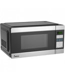 Black Impecca 1.1 Cu. Ft countertop microwave oven with LED display and stainless steel accents on a white background.