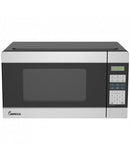 Black Impecca 1.1 Cu. Ft countertop microwave oven with LED display and stainless steel accents on a white background.