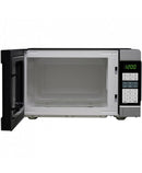 Black Impecca 1.1 Cu. Ft countertop microwave oven with LED display and stainless steel accents on a white background.
