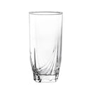 Tall, clear drinking glass by Cristar Strauss, featuring a smooth upper portion and an elegant swirling pattern at the base.