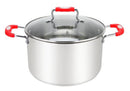 Durable stainless steel stockpot for cooking soups, stews, and stocks, Millvado Urban Collection, with red handles and clear lid