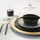 Laura Ashley designer round plate, black with elegant gold geometric trellis pattern and a central white floral motif, 10 pieces.