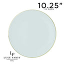 "Elegant light blue dinnerware set with a refined gold rim, featuring two glossy plastic plates. A perfect choice for sophisticated dining and stylish table settings.