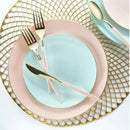 "Elegant light blue dinnerware set with a refined gold rim, featuring two glossy plastic plates. A perfect choice for sophisticated dining and stylish table settings.