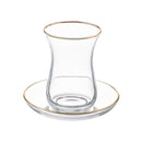 Clear glass tulip-shaped teacup with gold rim and matching round saucer, part of a 6-piece set, shown on a white background.