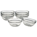 Round, transparent glass pinch bowls designed for easy stacking and storage.