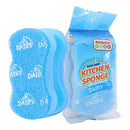 Kosher Cook brand Easy Grip Kitchen Sponges in blue, specifically labeled "DAIRY" and sold in a pack of three. The packaging is light blue and clear.