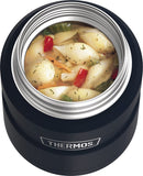 A close up of the Midnight blue THERMOS 16-ounce insulated food jar, filled with macaroni soup, shown on a white background.