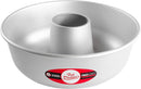 Fat Daddio's 10-inch anodized aluminum ring mold pan, designed for cakes and gelatin molds, on a white background.