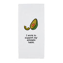 Mud Pie Circa Waffle Weave Towel with an illustration of an avocado and the text "I work to support my avocado habit."