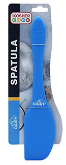 Blue silicone spatula from The Kosher Cook, clearly marked "DAIRY" for kosher kitchens, shown in retail packaging.
