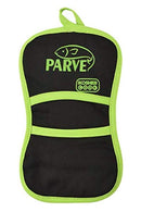 Black and lime green oven mitt indicating it can be used for both dairy and meat-free kosher meals.
