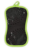Black and lime green oven mitt indicating it can be used for both dairy and meat-free kosher meals.
