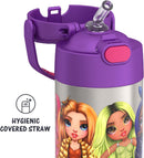 THERMOS FUNTAINER 12oz stainless steel water bottle in Rainbow High design with covered straw and carry handle on white background.
