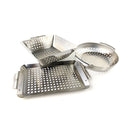 ukon Glory 3-Piece Professional Mini Grilling Basket Set, including a rectangular basket, a deeper pan with wave base, and a round basket, all made of stainless steel with perforations.