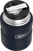 Midnight blue THERMOS 16-ounce insulated food jar with folding spoon and lid that doubles as a serving bowl, shown on a white background.